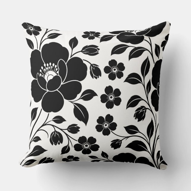 Elegant svart blommönster kudde (Framsida)