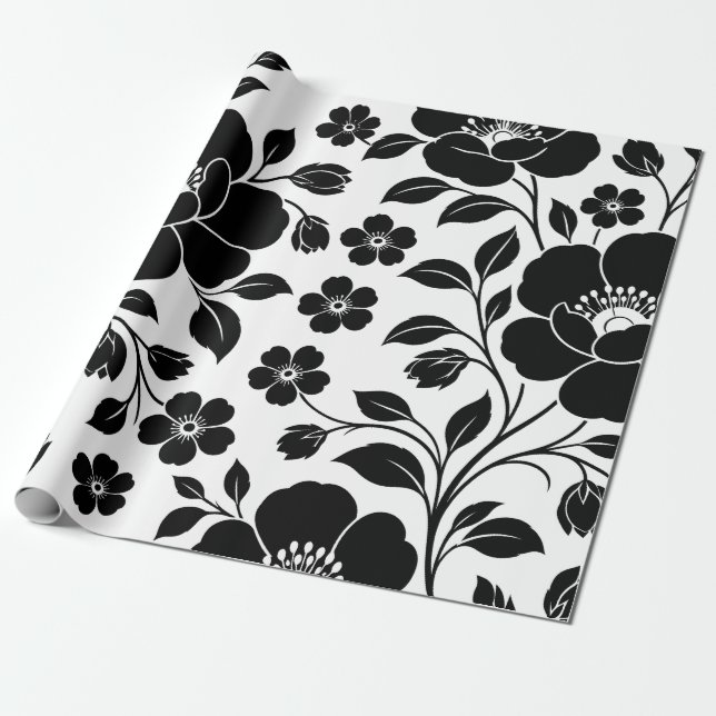 Elegant svart blommönster presentpapper (Utrullad)