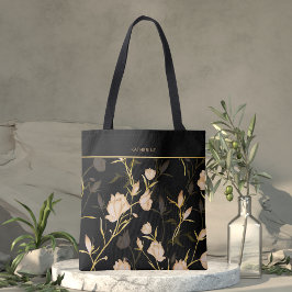 Elegant svart blommönster Stylish flickaktig trend Tygkasse