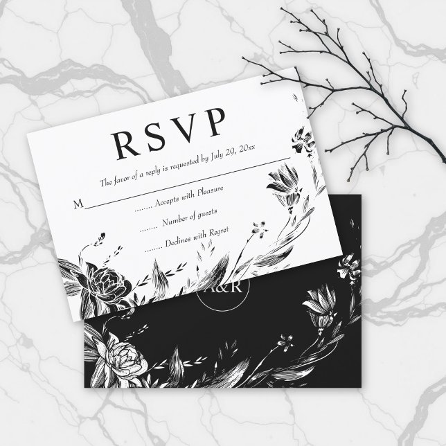 Elegant svart blommor typografi blommigt bröllop OSA kort (Skapare uppladdad)