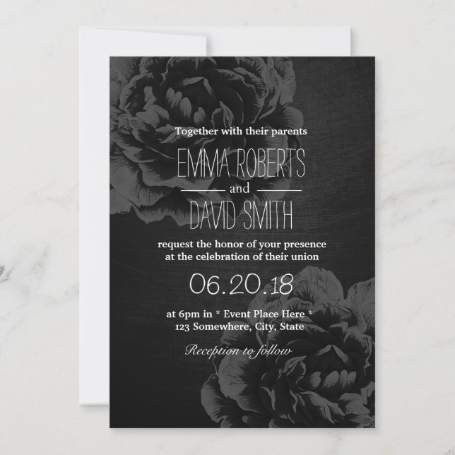 Elegant svart blomster vintage bröllop inbjudningar (Framsida)