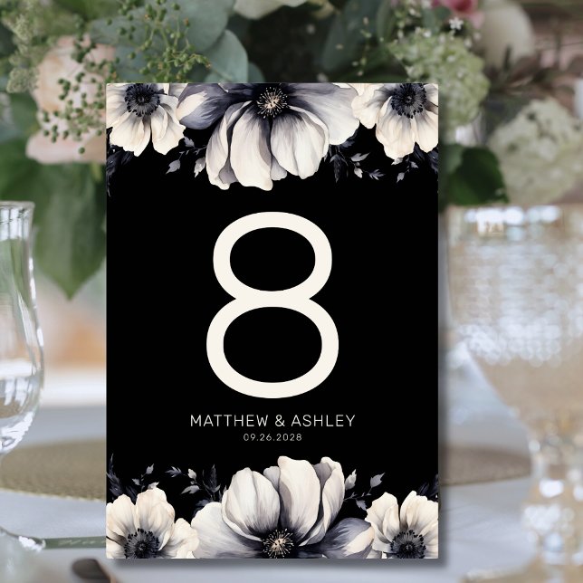 Elegant svart blomsterbröllop bordsnummer (Elegant Black Floral Wedding Table Number)