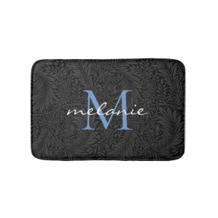 Elegant svart blomstergal blue monogram badrumsmatta