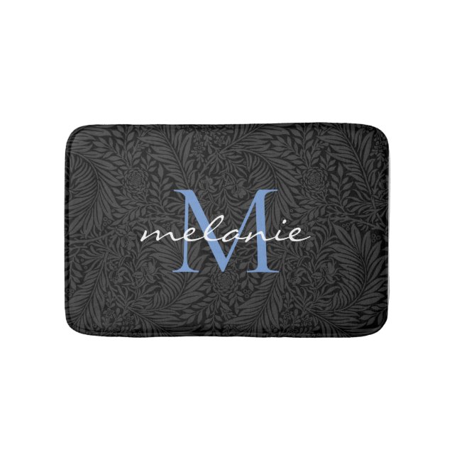 Elegant svart blomstergal blue monogram badrumsmatta (Framsidan)