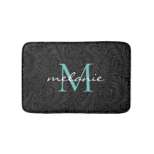 Elegant svart blomstergal teal monogram badrumsmatta