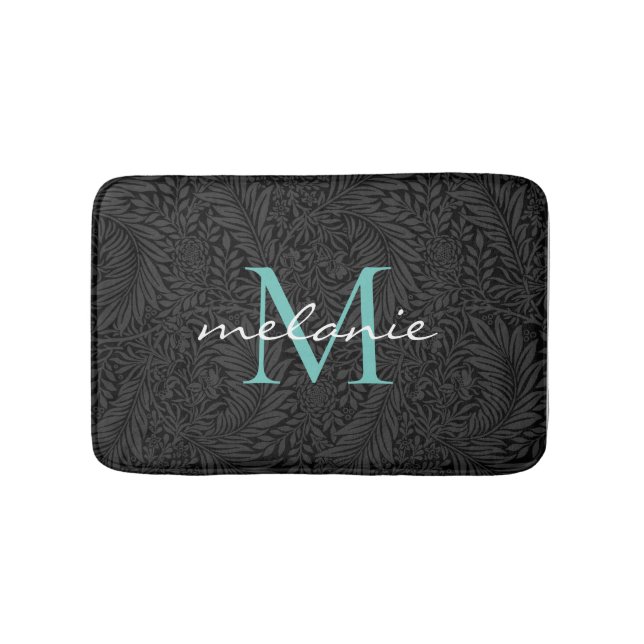 Elegant svart blomstergal teal monogram badrumsmatta (Framsidan)