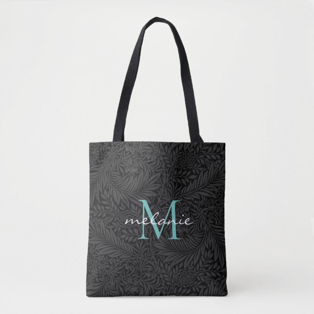 Elegant svart blomstergal teal monogram tygkasse (Framsida)