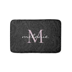 Elegant svart blomsterglas blush rosa monogram badrumsmatta