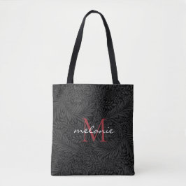 Elegant svart blomstergods röd script monogram tygkasse