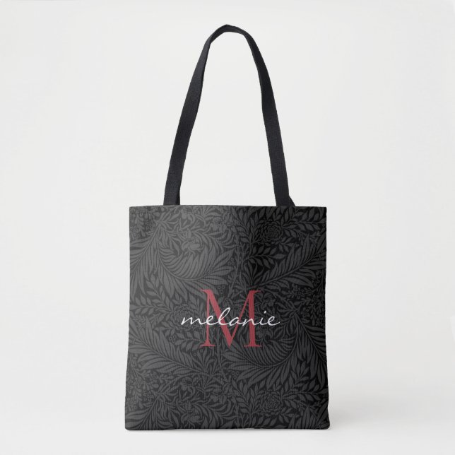 Elegant svart blomstergods röd script monogram tygkasse (Framsida)