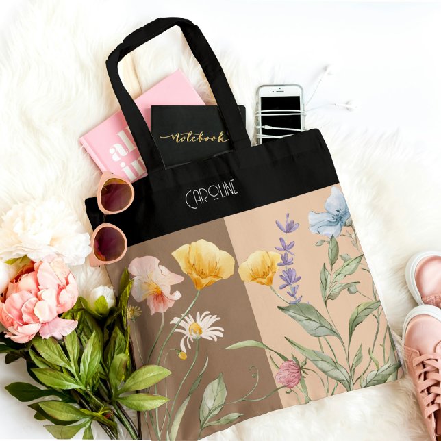 Elegant svart blomsterguds spring beige brun Trend Tygkasse (Skapare uppladdad)