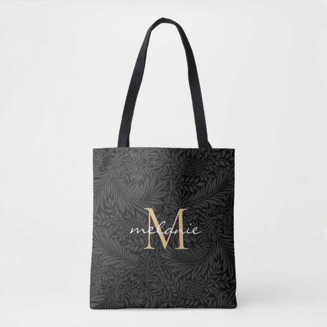 Elegant svart blomsterguld Script Monogram Tygkasse (Framsida)