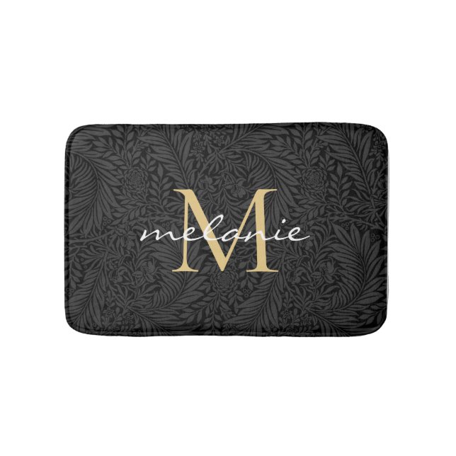 Elegant svart blomsterguld Skript Monogram Badrumsmatta (Framsidan)