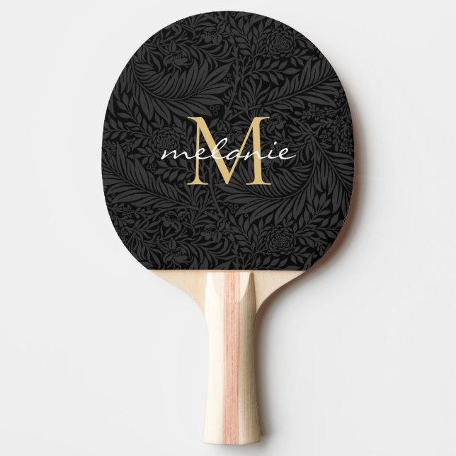 Elegant svart blomsterguld Skript Monogram Pingisracket (Framsidan)