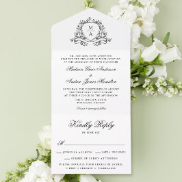Elegant svart blomsterkrön monogram bröllop
