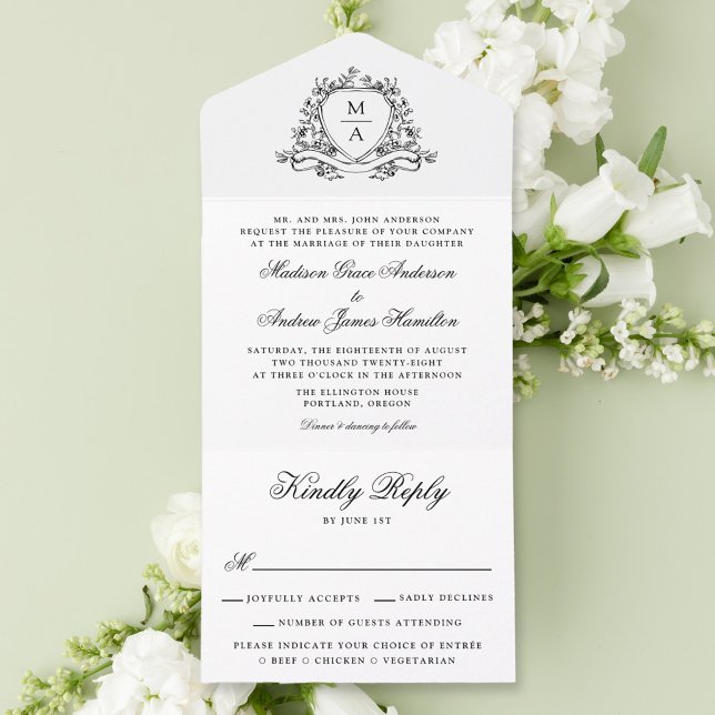 Elegant svart blomsterkrön monogram bröllop (Skapare uppladdad)