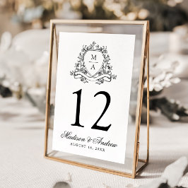 Elegant svart blomsterkrön monogram bröllop bordsnummer