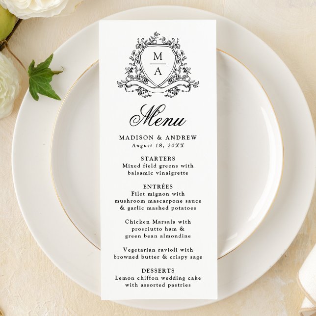 Elegant svart blomsterkrön monogram bröllop meny (Skapare uppladdad)