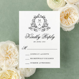 Elegant svart blomsterkrön monogram bröllop OSA kort