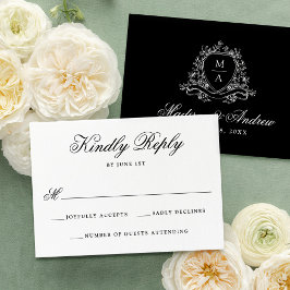 Elegant svart blomsterkrön monogram bröllop OSA kort