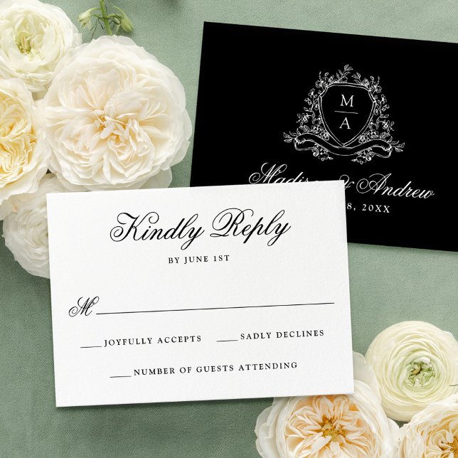 Elegant svart blomsterkrön monogram bröllop OSA kort (Skapare uppladdad)