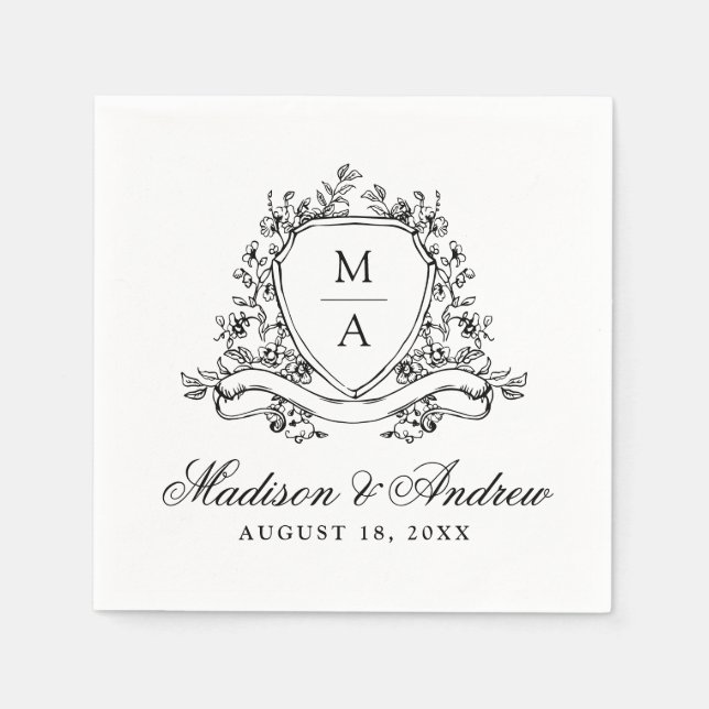 Elegant svart blomsterkrön monogram bröllop pappersservett (Framsidan)