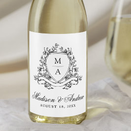 Elegant svart blomsterkrön monogram bröllop vinflaska etikett