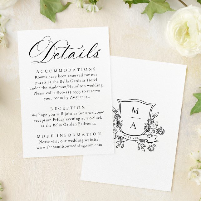 Elegant svart blomsterkröns bröllopsdetaljer tilläggskort (Skapare uppladdad)