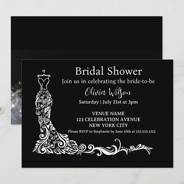 Elegant svart boho blommig bröllopsklänning brud s inbjudningar (Fram/baksida)