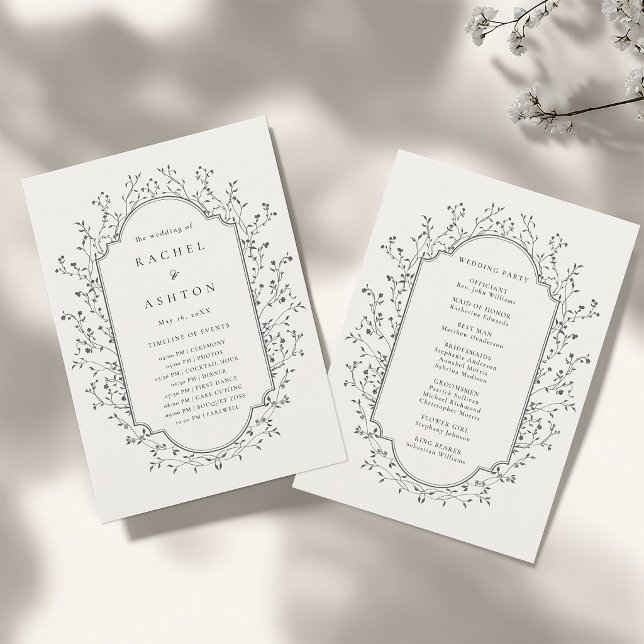 Elegant svart botanisk vintage ram bröllop program (Front & Back)