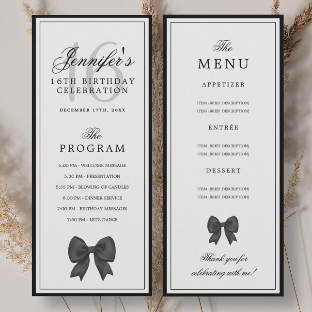 Elegant svart bow 16-årsdag Program Meny  (Elegant Black Bow 16th Birthday Program Menu )