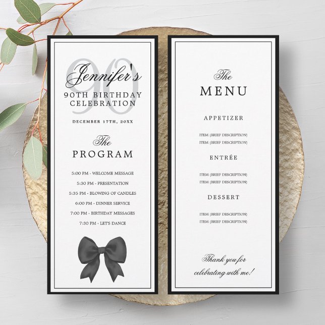 Elegant svart bow 90-årsdag Program + Meny  (Elegant Black Bow 90th Birthday Program + Menu )