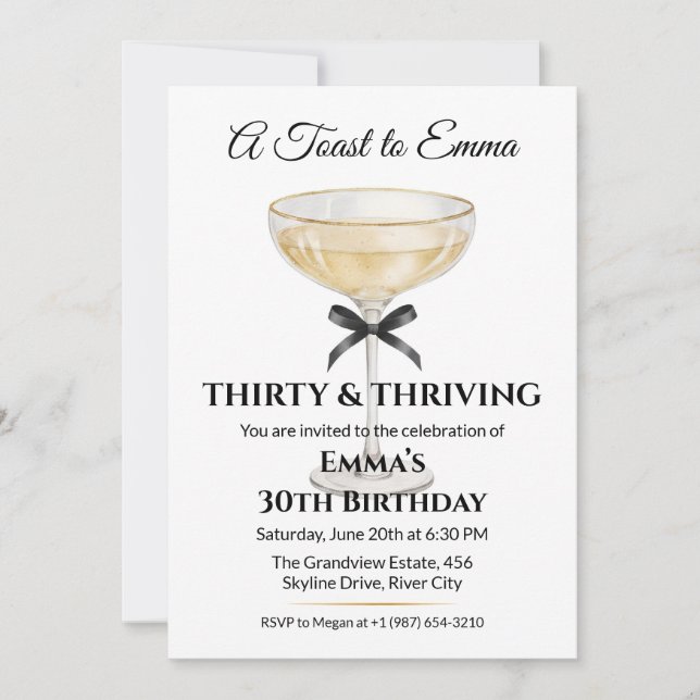 Elegant svart bow & Champagne 30-årsfest Inbjudningar (Framsida)