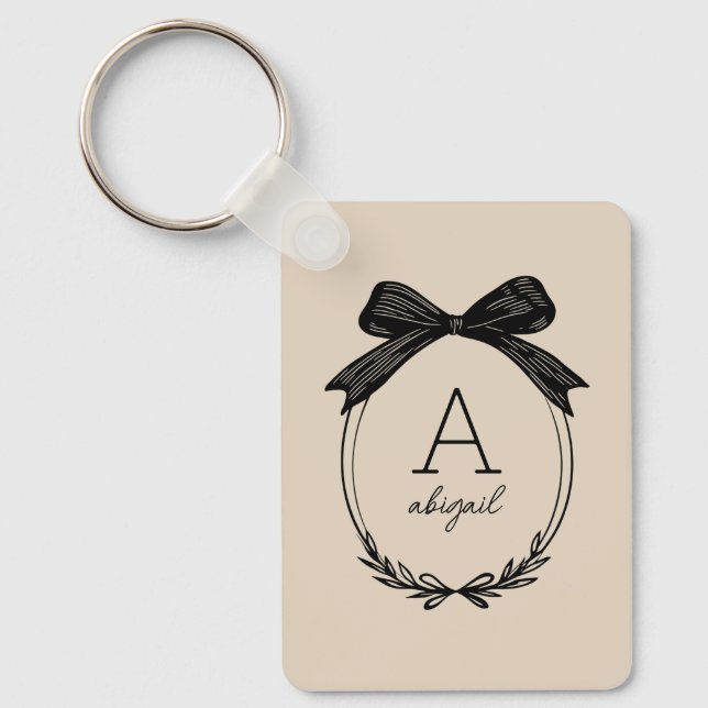 Elegant svart bow Chic Coquette Beige Monogram Nyckelring (Framsida)