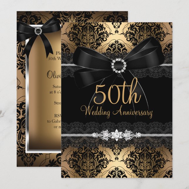 Elegant svart bow damast guld 50-årsjubileum 2 inbjudningar (Fram/baksida)