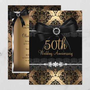 Elegant svart bow damast guld 50-årsjubileum 2 inbjudningar
