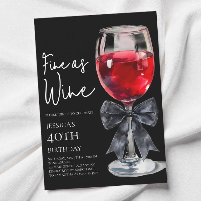 Elegant svart bow fin som vin 40-årsfest inbjudningar (Chic Black Bow Fine as Wine 40th Birthday Party Invitation)