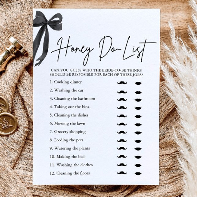 Elegant svart bow Honey Do List bröllopsdusch spel Inbjudningar (Elegant Black Bow Honey Do List Bridal Shower Game)