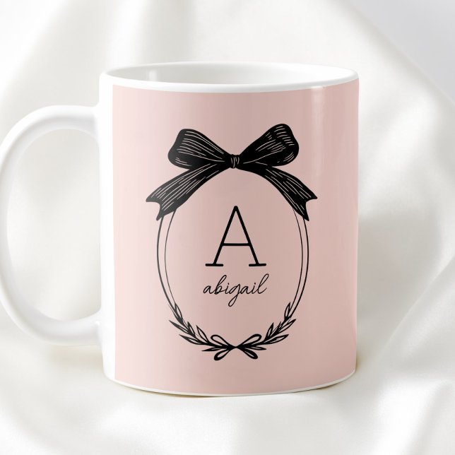 Elegant svart bow initial chic rosé monogram kaffemugg (Elegant Black Bow Initial Chic Blush Pink Monogram Coffee Mug)