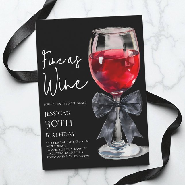 Elegant svart bow så fin som vin 30-årsfest inbjudningar (Chic Black Bow Fine as Wine 30th Birthday Party Invitation)