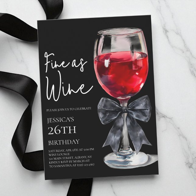 Elegant svart bow så fint som vin 26-årsfest inbjudningar (Chic Black Bow Fine as Wine 26th Birthday Party Invitation)