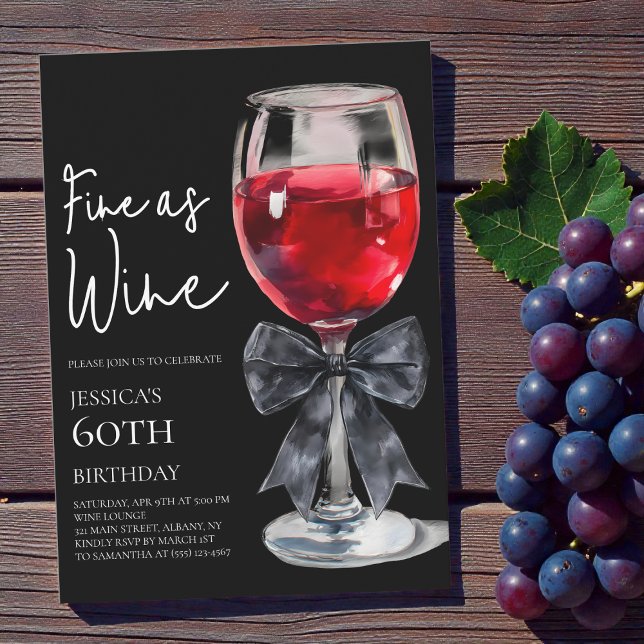 Elegant svart bow så fint som vin 60-årsfest inbjudningar (Chic Black Bow Fine as Wine 60th Birthday Party Invitation)