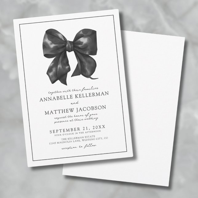 Elegant svart bows bröllop inbjudningar (Simple Minimalist Watercolor Black Bow Wedding Invitation)