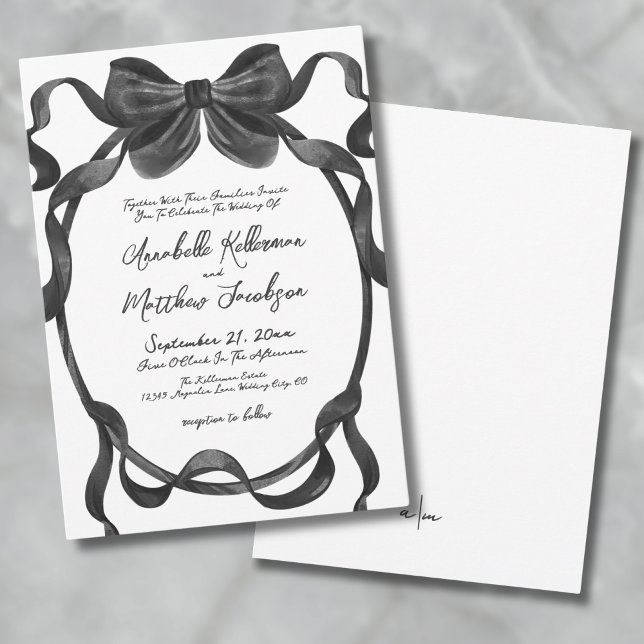 Elegant svart bows bröllop inbjudningar (Elegant Stylish Watercolor Black Bow Wedding Invitation)