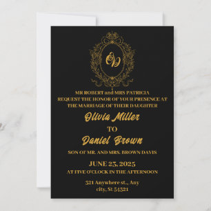 Elegant svart bröllop med blommigt logotyp ram gul inbjudningar