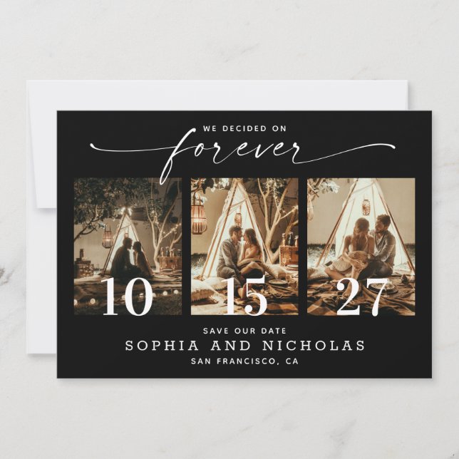 Elegant svart bröllop | Modern chic tre foto Spara Datumet (Framsida)