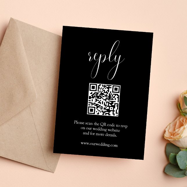 Elegant svart bröllops QR-kod Beskräfta svar RSVP- (Elegant black QR code RSVP card makes responses seamless while elevating your wedding style)