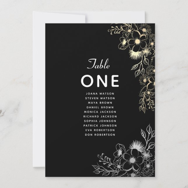 Elegant svart bröllops sittplatskarta (Framsida)