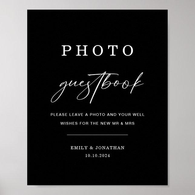 Elegant svart bröllopsfoto gästbokskylt poster (Framsidan)