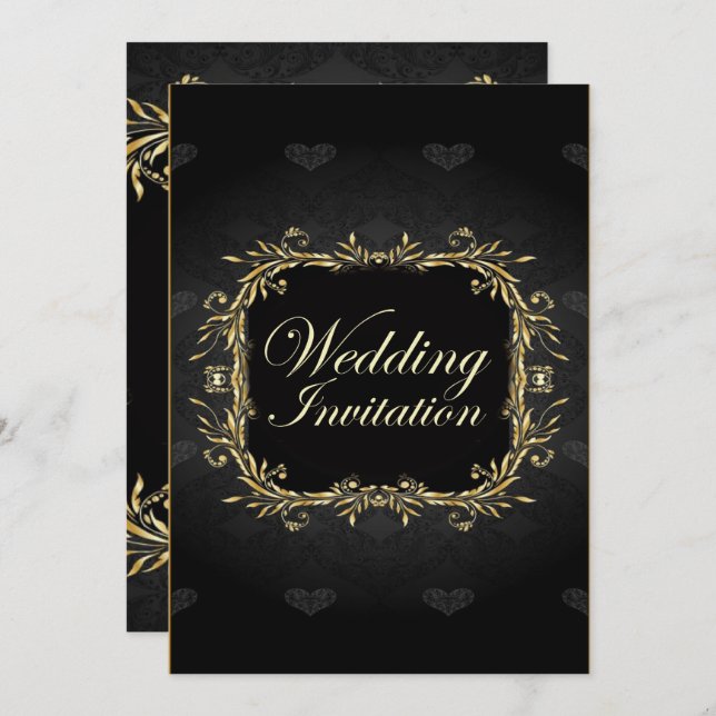 Elegant svart bröllopsinbjudan med guldregalje inbjudningar (Fram/baksida)